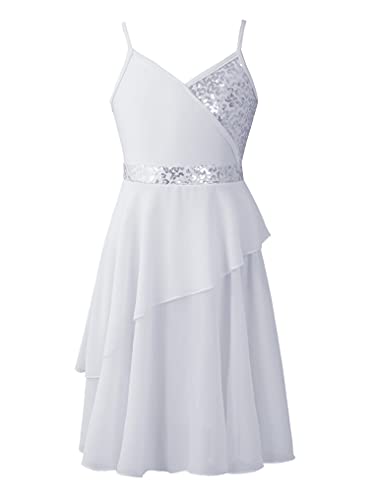 Oyolan Mädchen Ballettkleid Spitzen Tanzkleid Pailletten Kleid Kinder Prinzessin Kleider Baumwolle Tüll Party für Kinder 3-14 Jahre Weiss 134-140 von Oyolan