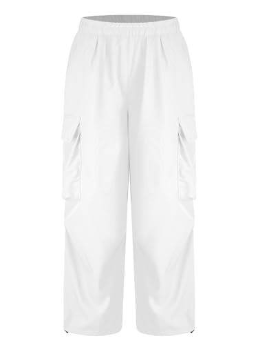 Oyolan Mädchen Cargo Hose Vintage Baggy Cargohose Hip Hop Hose mit Verstellbarer Elastischer Taille für Kinder Fit Weiß 160 von Oyolan
