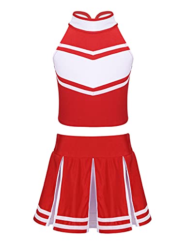 Oyolan Mädchen Cheer Leader Uniform Kinder Cheerleading Kostüm Tank Top Minirock Karneval Fasching Halloween Rot&Weiss 164 von Oyolan