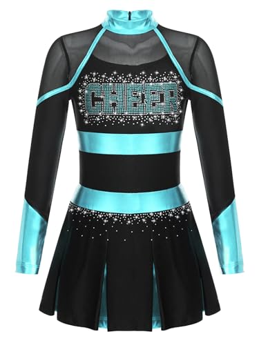 Oyolan Mädchen Cheerleading Kostüm Pailletten Langarm Kleid Tanzkleid mit Glitzer Halloween Karneval Fasching Party Outfits Schwarz & Blau Grün 146-152 von Oyolan