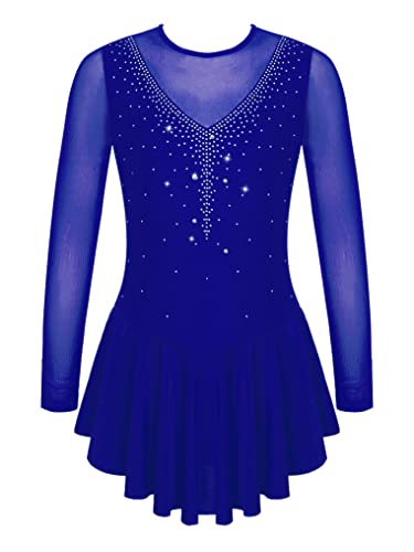 Oyolan Mädchen Eiskunstlauf Kleid Balletanzug Langarm Rollschuhkleid Ballett Trikot Tanzkleid Gymnastikanzug Tanzkleidung Royal Blau 128 von Oyolan