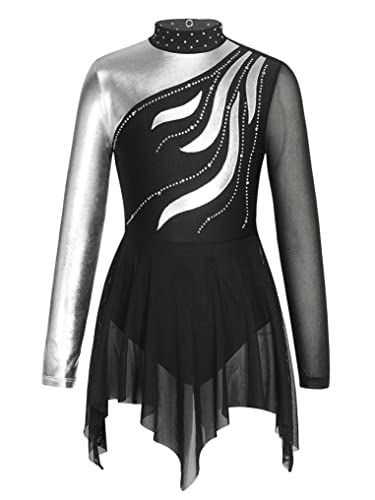 Oyolan Mädchen Eiskunstlauf Kleid Balletanzug Langarm Rollschuhkleid Ballett Trikot Tanzkleid Gymnastikanzug Tanzkleidung Schwarz D 146-152 von Oyolan