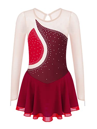 Oyolan Mädchen Eiskunstlauf Kleid Langarm Ballettanzug Kinder Ballett Trikot Body mit Strass Tanzkleidung Wettbewerb Kostüm Burgundy 134-140 von Oyolan