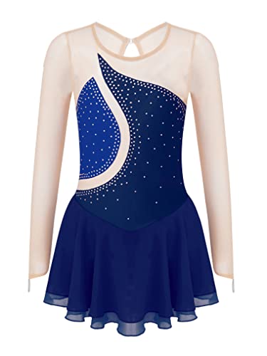 Oyolan Mädchen Eiskunstlauf Kleid Langarm Ballettanzug Kinder Ballett Trikot Body mit Strass Tanzkleidung Wettbewerb Kostüm Navy Blau 122-128 von Oyolan