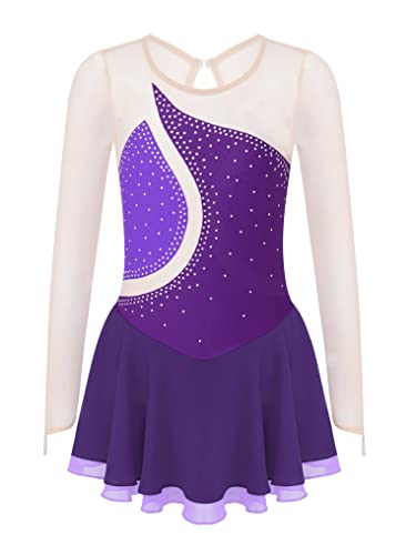 Oyolan Mädchen Eiskunstlauf Kleid Langarm Ballettanzug Kinder Ballett Trikot Body mit Strass Tanzkleidung Wettbewerb Kostüm Violett 134-140 von Oyolan