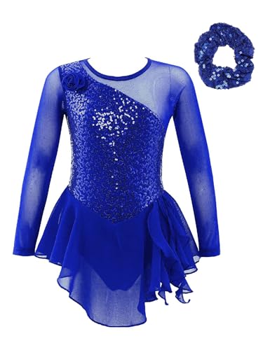 Oyolan Mädchen Eiskunstlauf Kleider Langarm Glitzer Mesh Spleiß Kürkleid Strass Tanzkleid mit Haargummi Ballettkleid Wettbewerb Kostüm Königsblau 122-128 von Oyolan