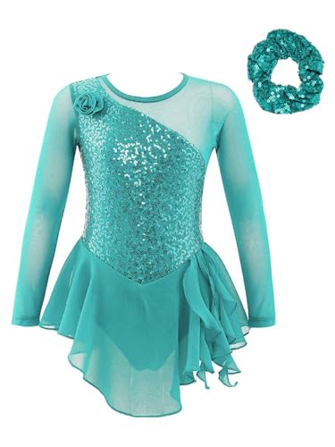 Oyolan Mädchen Eiskunstlauf Kleider Langarm Glitzer Mesh Spleiß Kürkleid Strass Tanzkleid mit Haargummi Ballettkleid Wettbewerb Kostüm Minzgrün 122-128 von Oyolan