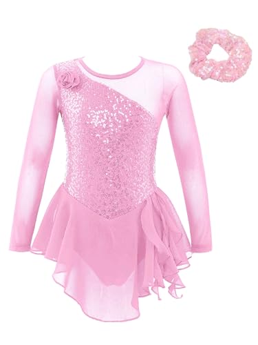 Oyolan Mädchen Eiskunstlauf Kleider Langarm Glitzer Mesh Spleiß Kürkleid Strass Tanzkleid mit Haargummi Ballettkleid Wettbewerb Kostüm Rosa 110-116 von Oyolan