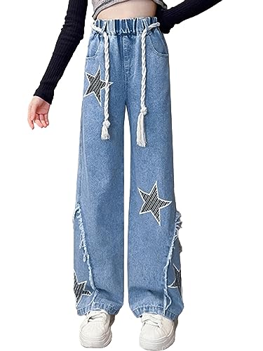 Oyolan Mädchen Jeans Hose Wide Leg Lange Jeanshose Locker Denim Hose Vintage Hose mit Gummizug Sommer Frühling Herbst Hose Blau 122-128 von Oyolan