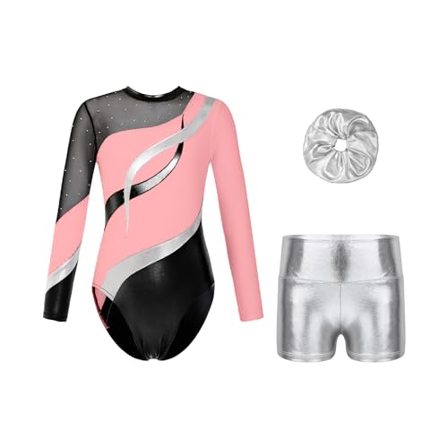 Oyolan Mädchen Kinder Gymnastikanzug Turnanzug Glitzernde Gymnastikbody Langarm Turntrikot mit Kurze Hose Tanzkostüm Hell-Pink A 170 von Oyolan