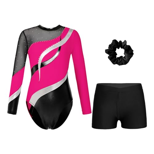 Oyolan Mädchen Kinder Gymnastikanzug Turnanzug Glitzernde Gymnastikbody Langarm Turntrikot mit Kurze Hose Tanzkostüm Hot Pink & Schwarz B 158-164 von Oyolan