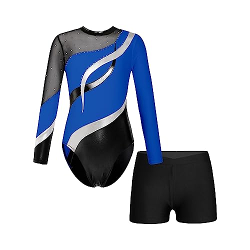 Oyolan Mädchen Kinder Gymnastikanzug Turnanzug Glitzernde Gymnastikbody Langarm Turntrikot mit Kurze Hose Tanzkostüm Königsblau 110-116 von Oyolan