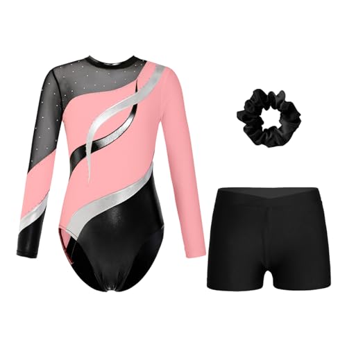 Oyolan Mädchen Kinder Gymnastikanzug Turnanzug Glitzernde Gymnastikbody Langarm Turntrikot mit Kurze Hose Tanzkostüm Pink Schwarz B 146-152 von Oyolan