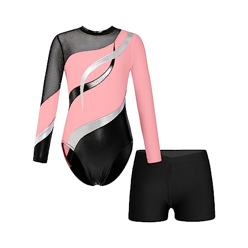 Oyolan Mädchen Kinder Gymnastikanzug Turnanzug Glitzernde Gymnastikbody Langarm Turntrikot mit Kurze Hose Tanzkostüm Rosa 110-116 von Oyolan