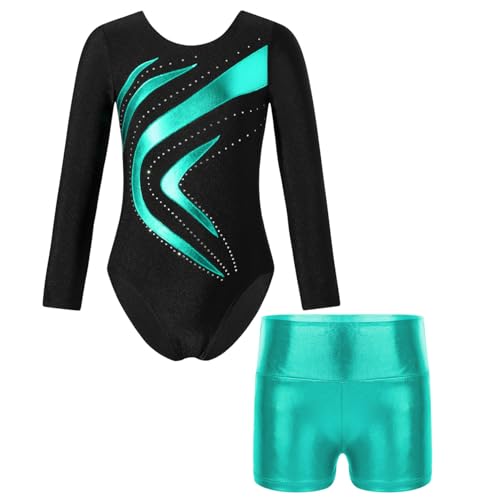 Oyolan Mädchen Kinder Gymnastikanzug Turnanzug Glitzernde Gymnastikbody Langarm Turntrikot mit Kurze Hose Tanzkostüm Z Blau Grün 122-128 von Oyolan