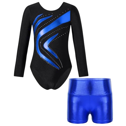 Oyolan Mädchen Kinder Gymnastikanzug Turnanzug Glitzernde Gymnastikbody Langarm Turntrikot mit Kurze Hose Tanzkostüm Z Königsblau 110-116 von Oyolan