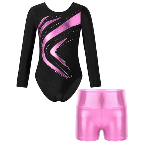 Oyolan Mädchen Kinder Gymnastikanzug Turnanzug Glitzernde Gymnastikbody Langarm Turntrikot mit Kurze Hose Tanzkostüm Z Rosa 122-128 von Oyolan