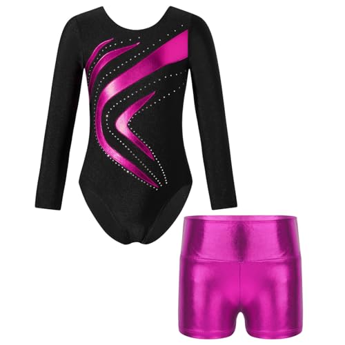 Oyolan Mädchen Kinder Gymnastikanzug Turnanzug Glitzernde Gymnastikbody Langarm Turntrikot mit Kurze Hose Tanzkostüm Z Rose 122-128 von Oyolan