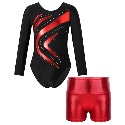 Oyolan Mädchen Kinder Gymnastikanzug Turnanzug Glitzernde Gymnastikbody Langarm Turntrikot mit Kurze Hose Tanzkostüm Z Rot 134-140 von Oyolan