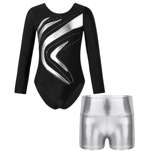 Oyolan Mädchen Kinder Gymnastikanzug Turnanzug Glitzernde Gymnastikbody Langarm Turntrikot mit Kurze Hose Tanzkostüm Z Silber 158-164 von Oyolan