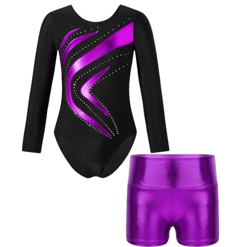 Oyolan Mädchen Kinder Gymnastikanzug Turnanzug Glitzernde Gymnastikbody Langarm Turntrikot mit Kurze Hose Tanzkostüm Z Violett 110-116 von Oyolan