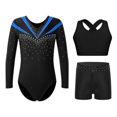 Oyolan Mädchen Kinder Turnanzug Gymnastikanzug Glitzernde Langarm Gymnastikbody mit Kurze Hose und Top Set Tanzkostüm Blau 122-128 von Oyolan