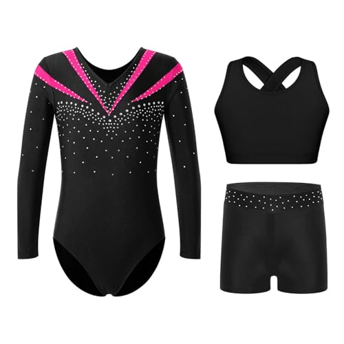 Oyolan Mädchen Kinder Turnanzug Gymnastikanzug Glitzernde Langarm Gymnastikbody mit Kurze Hose und Top Set Tanzkostüm Hot Pink 170 von Oyolan