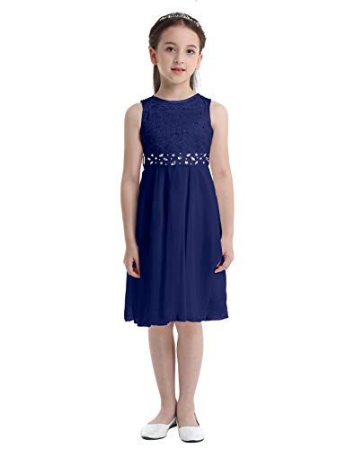 Oyolan Mädchen Kleid Festlich Hochzeit Kleid Blumenmädchen Kleid Geblümt Spitzen Kinder Chiffon Kleid Elegant Prinzessin Kleid Gr.92-176 Navy Blau 116 von Oyolan