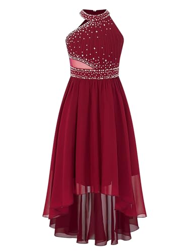 Oyolan Mädchen Kleid Festlich Kinder Partykleid Neckholder Strass Prinzessin Kleid Hochzeit Blumenmädchenkleid Chiffonkleid Gr. 110-176 Burgundy 146-152 von Oyolan