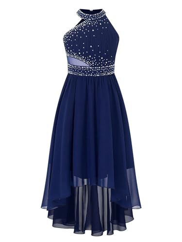 Oyolan Mädchen Kleid Festlich Kinder Partykleid Neckholder Strass Prinzessin Kleid Hochzeit Blumenmädchenkleid Chiffonkleid Gr. 110-176 Navy blau 146-152 von Oyolan