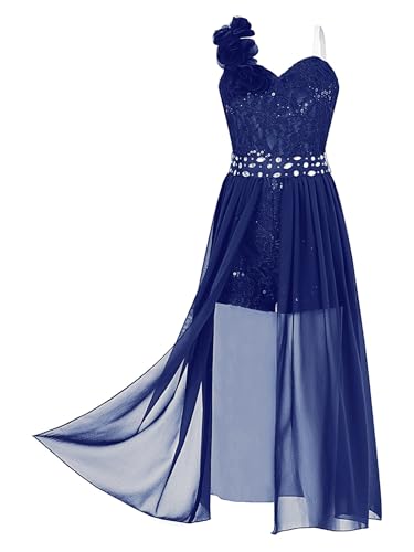Oyolan Mädchen Kleid Prinzessin Kleid Hochzeit Brautjungferkleid Ärmellos mit Strass Spitze Chiffon Kleid Overall Jumpsuit Geburtstag Outfits Navy Blue 134-140 von Oyolan