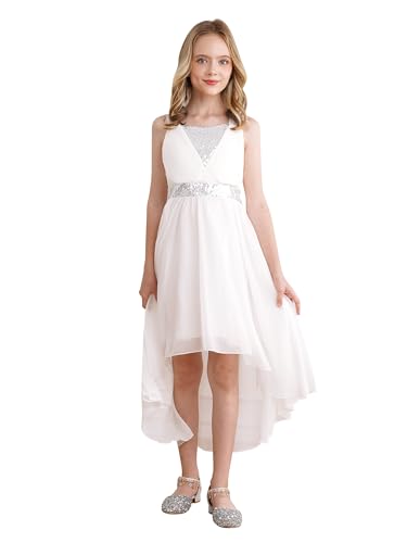 Oyolan Mädchen Kleider Festlich mit Chiffon Blumenmädchenkleid Hochzeitskleid Partykleid Ärmellos Pailletten Ballkleider Sommerkleid Silber 170-176 von Oyolan