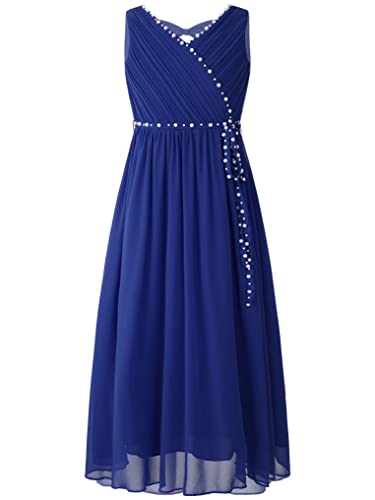 Oyolan Mädchen Kleider Prinzessin Festliches Ärmellos Kleider V-Ausschnitt Ballkleid mit Perlen Cocktailkleid Elegant Langes Abendkleid Blau 122-128 von Oyolan