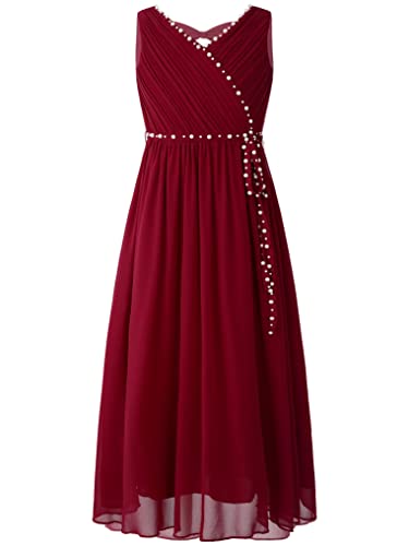 Oyolan Mädchen Kleider Prinzessin Festliches Ärmellos Kleider V-Ausschnitt Ballkleid mit Perlen Cocktailkleid Elegant Langes Abendkleid Burgundy 170-176 von Oyolan