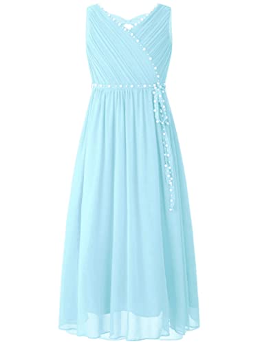 Oyolan Mädchen Kleider Prinzessin Festliches Ärmellos Kleider V-Ausschnitt Ballkleid mit Perlen Cocktailkleid Elegant Langes Abendkleid Hell Blau 122-128 von Oyolan