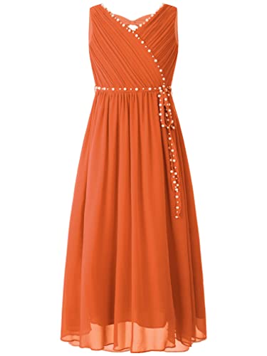 Oyolan Mädchen Kleider Prinzessin Festliches Ärmellos Kleider V-Ausschnitt Ballkleid mit Perlen Cocktailkleid Elegant Langes Abendkleid Orange 122-128 von Oyolan