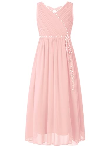 Oyolan Mädchen Kleider Prinzessin Festliches Ärmellos Kleider V-Ausschnitt Ballkleid mit Perlen Cocktailkleid Elegant Langes Abendkleid Rosa 134-140 von Oyolan