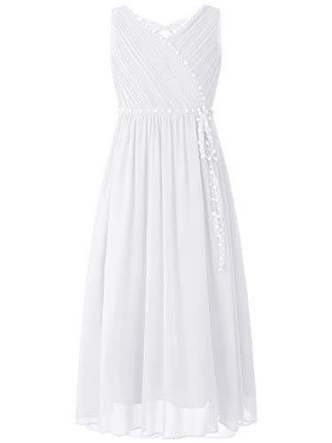 Oyolan Mädchen Kleider Prinzessin Festliches Ärmellos Kleider V-Ausschnitt Ballkleid mit Perlen Cocktailkleid Elegant Langes Abendkleid Weiss 146-152 von Oyolan