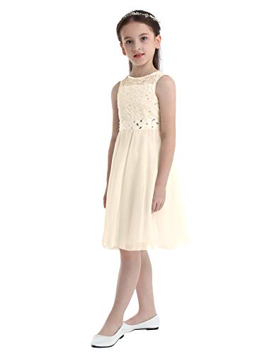 Oyolan Mädchen Kleider festlich Prinzessin Kleid Blumenmädchenkleid Ärmellos Chiffon Kleid für Hochzeit Geburtstag Taufe Absclussball Party Beige C 128 von Oyolan