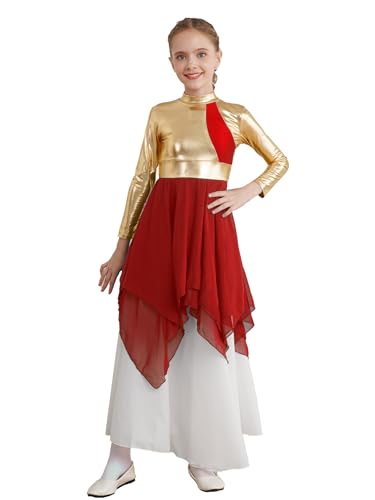 Oyolan Mädchen Liturgisches Lob Tanzkleid Langarm Ballettkleid Lyrisch Anbetung Golden Metallic Patchwork Tanzkleidung Rot 122-128 von Oyolan