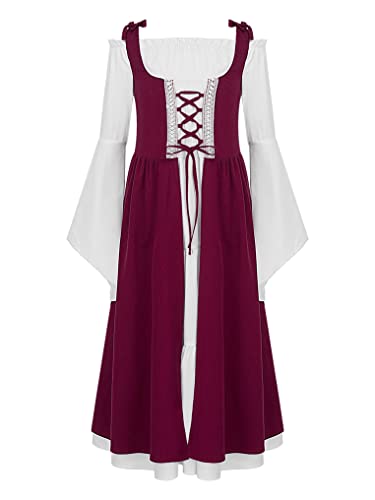 Oyolan Mädchen Mittelalter Kleid Festliches Kleider Trompetenärmel Bodenlanges Retro Kostüm Renaissance Viktorianisches Prinzessin Kleid Burgundy 134-140 von Oyolan