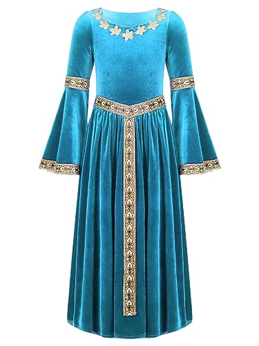 Oyolan Mädchen Mittelalterliche Kleid mit Trompetenärmel Mittelalter Party Maxikleid Prinzessin Kleid Renaissance Cosplay Kostüm Hellblau 110-116 von Oyolan