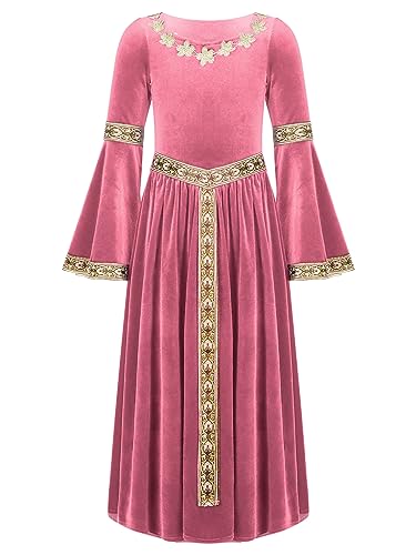 Oyolan Mädchen Mittelalterliche Kleid mit Trompetenärmel Mittelalter Party Maxikleid Prinzessin Kleid Renaissance Cosplay Kostüm Rosa 170-176 von Oyolan