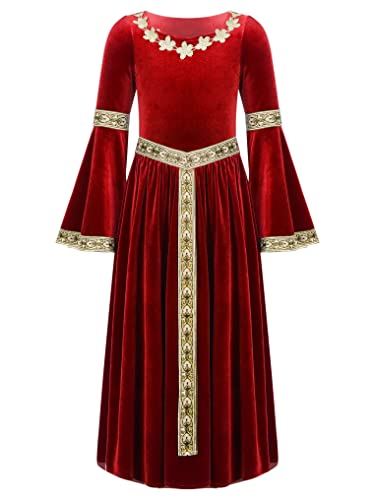 Oyolan Mädchen Mittelalterliche Kleid mit Trompetenärmel Mittelalter Party Maxikleid Prinzessin Kleid Renaissance Cosplay Kostüm Rot 134-140 von Oyolan