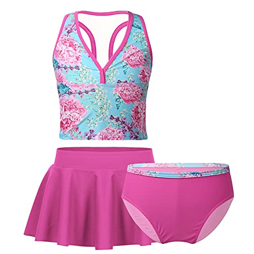 Oyolan Mädchen Tankini Set 3tlg. Badeanzug Bade Set Schwimmanzug Kinder Badebekleidung Set Bikini Set Badeshirt Baderock Badeslip für 3-14 Jahre Roserot B 140-152 von Oyolan