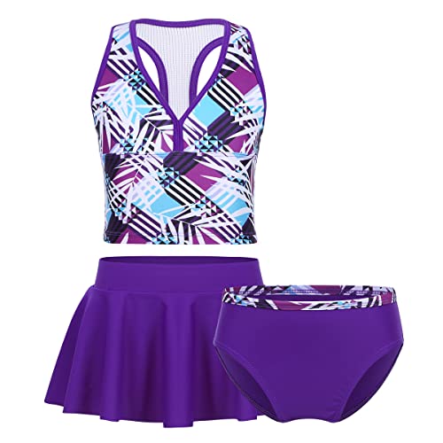 Oyolan Mädchen Tankini Set 3tlg. Badeanzug Bade Set Schwimmanzug Kinder Badebekleidung Set Bikini Set Badeshirt Baderock Badeslip für 3-14 Jahre Violett 152-164 von Oyolan