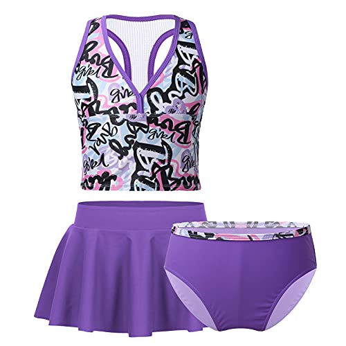 Oyolan Mädchen Tankini Set 3tlg. Badeanzug Bade Set Schwimmanzug Kinder Badebekleidung Set Bikini Set Badeshirt Baderock Badeslip für 3-14 Jahre Violett E 152-164 von Oyolan