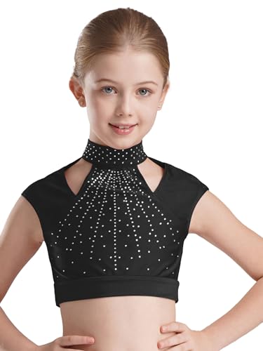 Oyolan Mädchen Tops Bauchfrei Ballett Tanz Oberteile Tanz Top Sport Eiskunstlauf Kleidung Sport Shirt mit Strass Gymnastikanzug Schwarz 134-140 von Oyolan