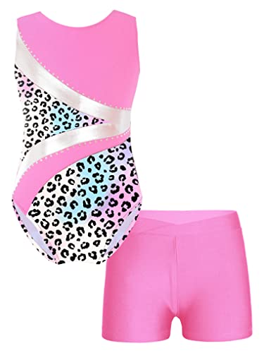 Oyolan Mädchen Turnanzug Ärmellos Balletttrikot Patchwork Gymnastik Strasss Leotards Tanzbody mit Shorts Trikotanzug Tanzkostüm Rosa 134-140 von Oyolan