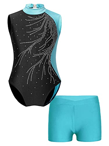 Oyolan Mädchen Turnanzug Ärmellos Balletttrikot Patchwork Gymnastik Strasss Leotards Tanzbody mit Shorts Trikotanzug Tanzkostüm S Blau Grün 146-152 von Oyolan